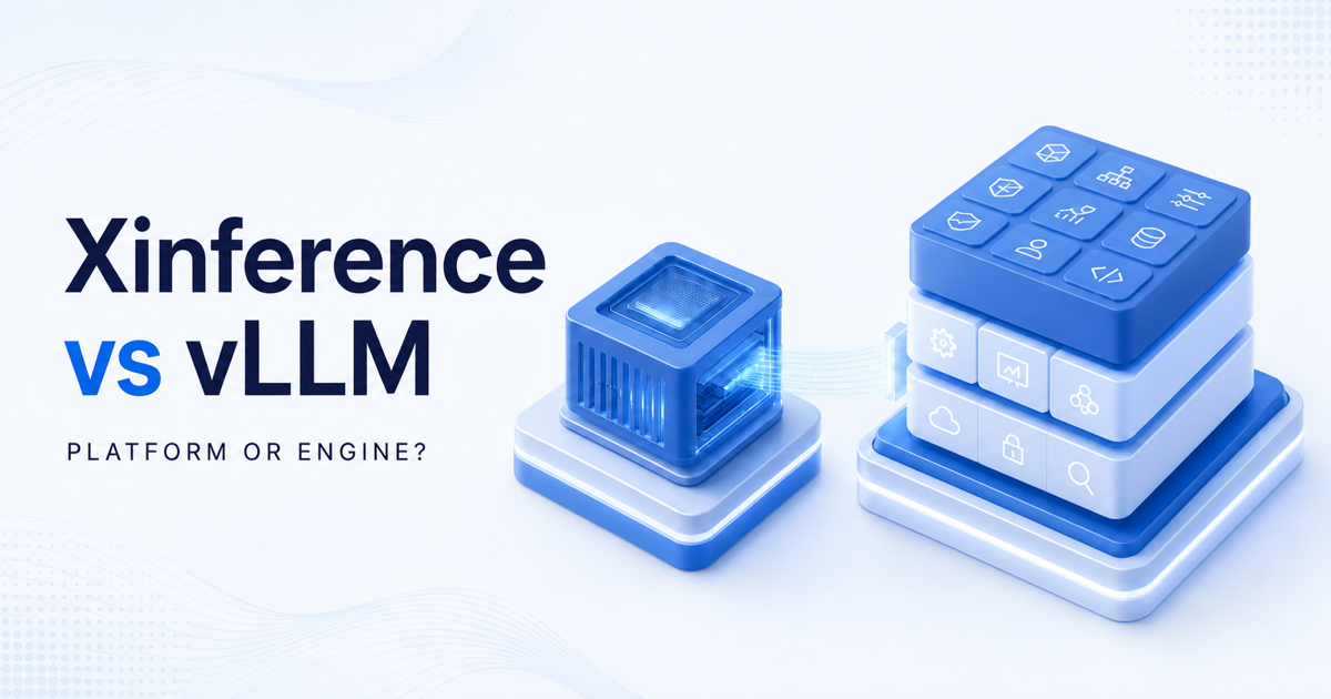 A compact inference engine connected to a larger multi-layer enterprise serving platform, illustrating Xinference versus vLLM.