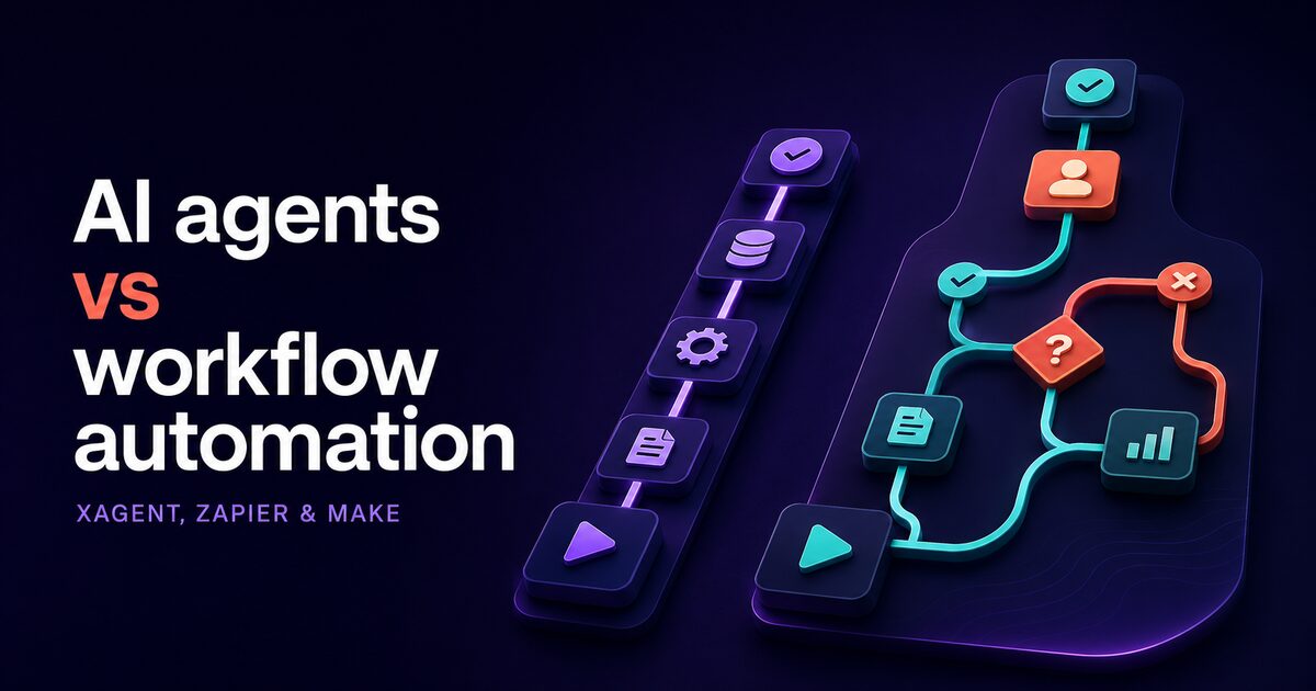 A fixed linear automation flow beside an adaptive branching AI agent workflow.