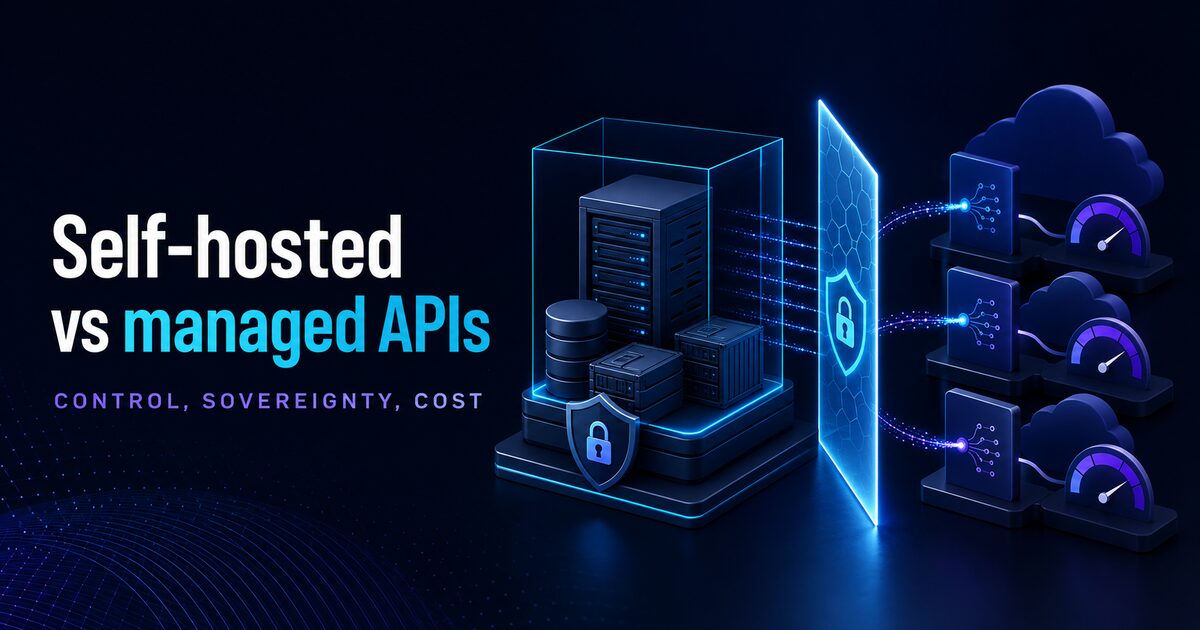 A protected self-hosted inference stack connected through a data boundary to metered managed API endpoints.