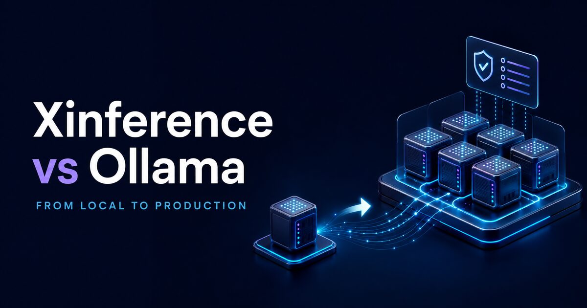 A single local model server expanding into a governed multi-node cluster, illustrating Xinference versus Ollama.