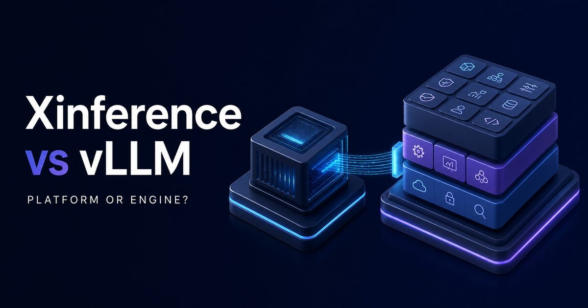 A compact inference engine connected to a larger multi-layer enterprise serving platform, illustrating Xinference versus vLLM.